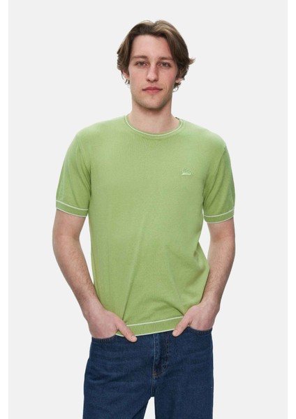 Fared Duman Yeşili Bisiklet Yaka Triko Nakışlı Standard Fit Erkek Tshirt