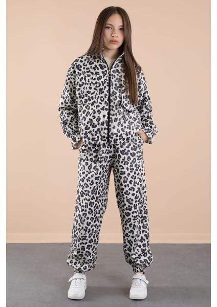 Lacivert Leopar Desenli Paraşüt Ceketli Bisiklet Yaka Tişörtlü Kız Çocuk 3lü Takım 20638