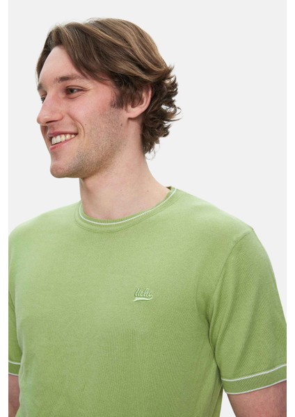 Fared Duman Yeşili Bisiklet Yaka Triko Nakışlı Standard Fit Erkek Tshirt