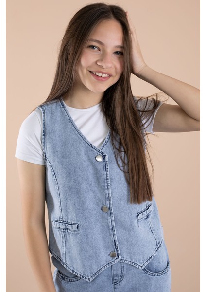 Mavi Düğmeli Jean Yelekli ve Geniş Paça Pantolonlu Kız Çocuk 2li Takım 20636 modelleri
