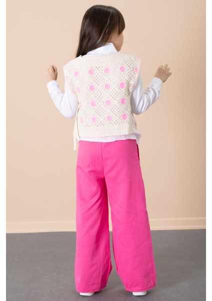 Fuşya Puantiyeli Süveterli Pantolonlu Kız Çocuk Gömlekli 3lü Takım 20685 indirimleri