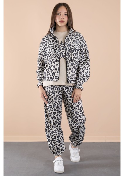 Lacivert Leopar Desenli Paraşüt Ceketli Bisiklet Yaka Tişörtlü Kız Çocuk 3lü Takım 20638 modelleri