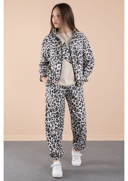Lacivert Leopar Desenli Paraşüt Ceketli Bisiklet Yaka Tişörtlü Kız Çocuk 3lü Takım 20638 indirimleri