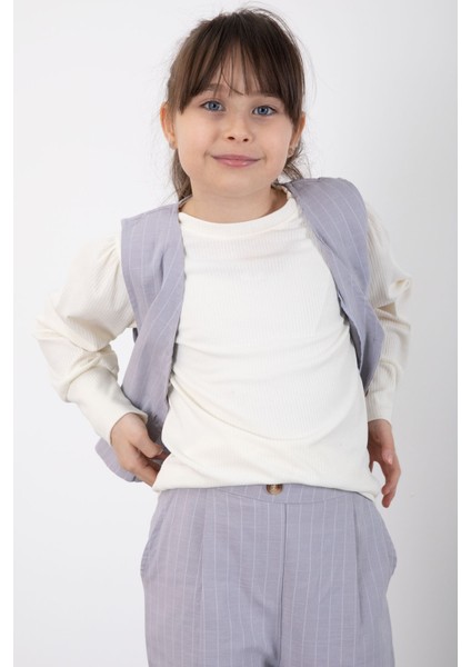 Gri Çizgi Desenli Yelekli Geniş Paça Pantolonlu Kız Çocuk Badili 3lü Takım 20494 fiyatları