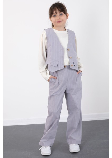 Gri Çizgi Desenli Yelekli Geniş Paça Pantolonlu Kız Çocuk Badili 3lü Takım 20494 modelleri