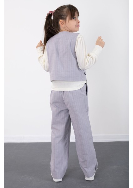 Gri Çizgi Desenli Yelekli Geniş Paça Pantolonlu Kız Çocuk Badili 3lü Takım 20494 indirimleri