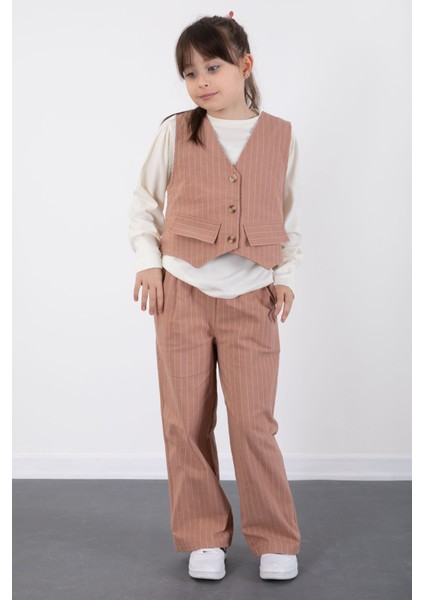 Kahve Çizgi Desenli Yelekli Geniş Paça Pantolonlu Kız Çocuk Badili 3lü Takım 20492
