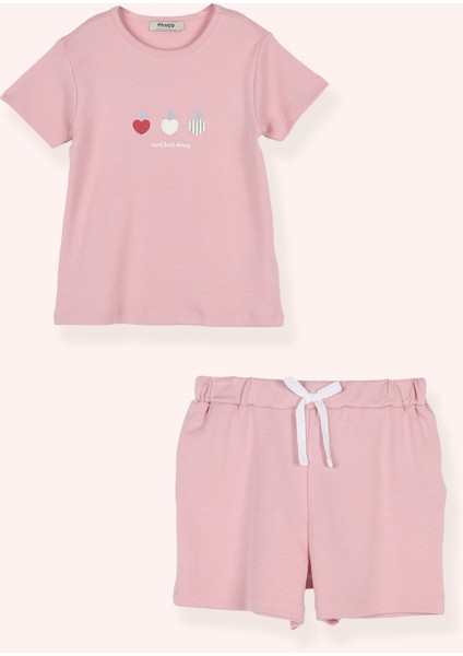Kız Çocuk Kiraz Baskılı Pembe Pijama Takımı