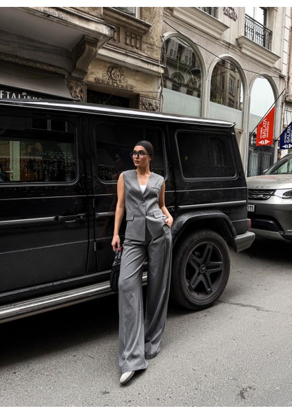 Kadın Düğme Detaylı Yelek Pantolon Takım