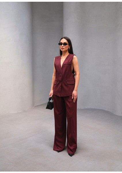 Kadın Düğme Detaylı Yelek Pantolon Takım
