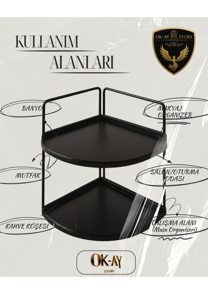 Dekoratif 2 Katlı Raf | Çok Amaçlı Organizer Paslanmaz Çelik & Ahşap Stand – Salon, Mutfak, Banyo, Çalışma Alanı Için