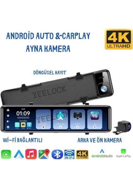 4K Araç Kamerası ve Android Multimedya 12'' Dikiz Aynası – Ön ve Arka Kamera, Geri Görüş Park Sensörü