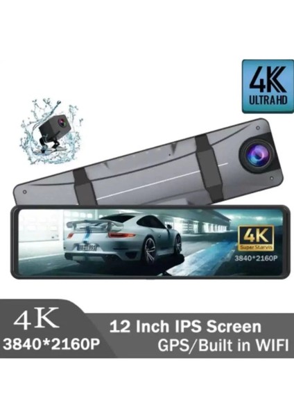 4K Araç Kamerası ve Android Multimedya 12'' Dikiz Aynası – Ön ve Arka Kamera, Geri Görüş Park Sensörü