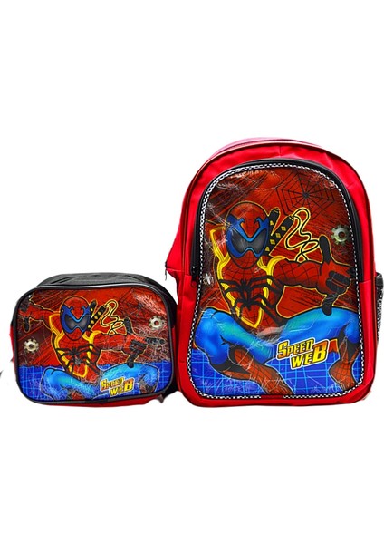 2 Bölmeli Spider Man Okul Sırt Çantası ve Beslenme Çantası Kırmızı KOD:1309