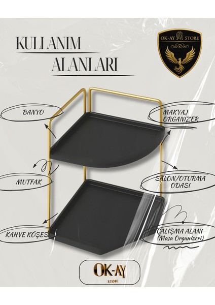 Dekoratif 2 Katlı Raf | Çok Amaçlı Organizer Paslanmaz Çelik & Ahşap Stand