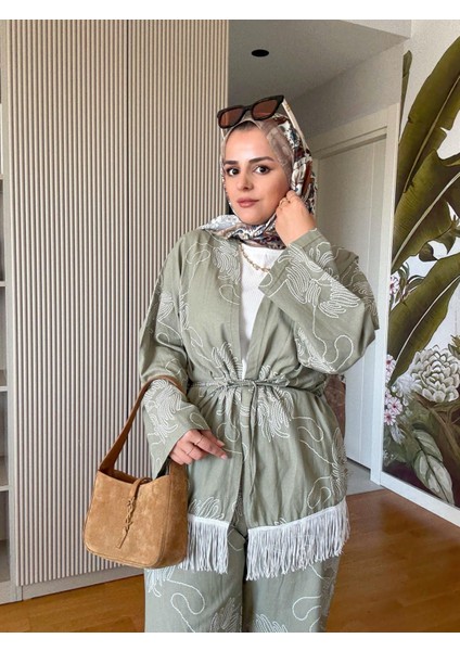 3'lü Püsküllü Kimona Takım Tunik+Içlik+Pantolon Yeşil