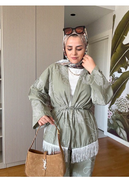 3'lü Püsküllü Kimona Takım Tunik+Içlik+Pantolon Yeşil fiyatları