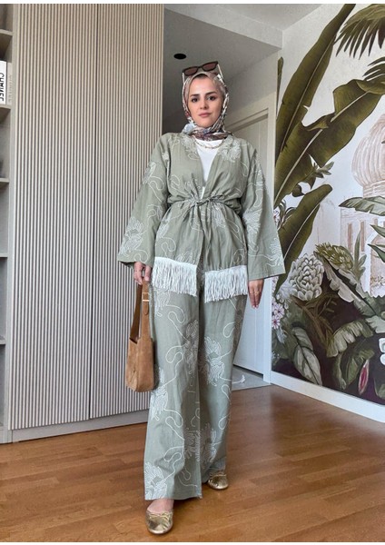 3'lü Püsküllü Kimona Takım Tunik+Içlik+Pantolon Yeşil modelleri
