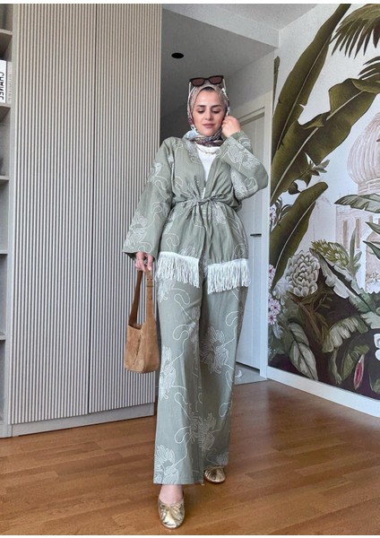 3'lü Püsküllü Kimona Takım Tunik+Içlik+Pantolon Yeşil fırsatları