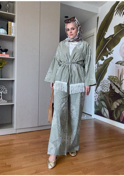 3'lü Püsküllü Kimona Takım Tunik+Içlik+Pantolon Yeşil indirimleri