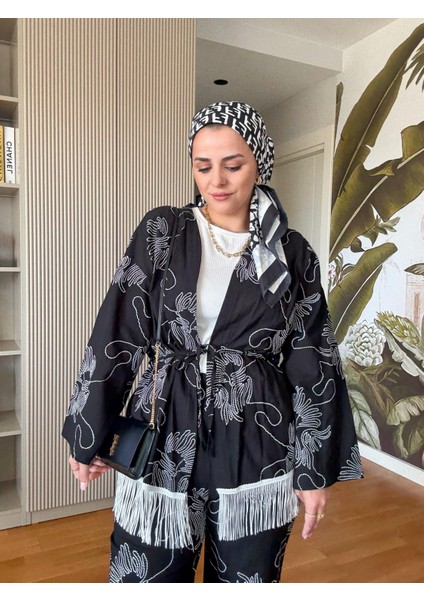 3'lü Püsküllü Kimona Takım Tunik+Içlik+Pantolon Siyah