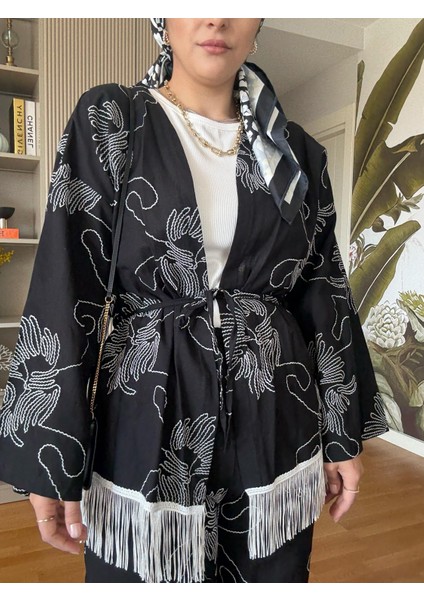 3'lü Püsküllü Kimona Takım Tunik+Içlik+Pantolon Siyah fiyatları