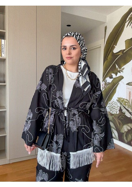 3'lü Püsküllü Kimona Takım Tunik+Içlik+Pantolon Siyah modelleri