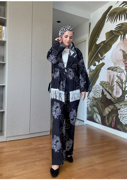 3'lü Püsküllü Kimona Takım Tunik+Içlik+Pantolon Siyah fırsatları