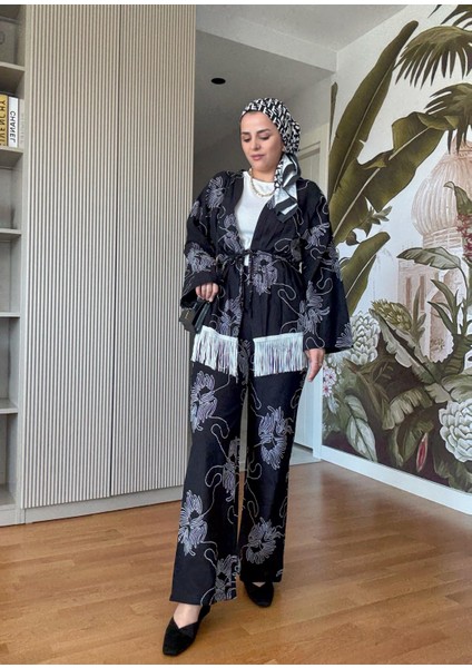 3'lü Püsküllü Kimona Takım Tunik+Içlik+Pantolon Siyah indirimleri