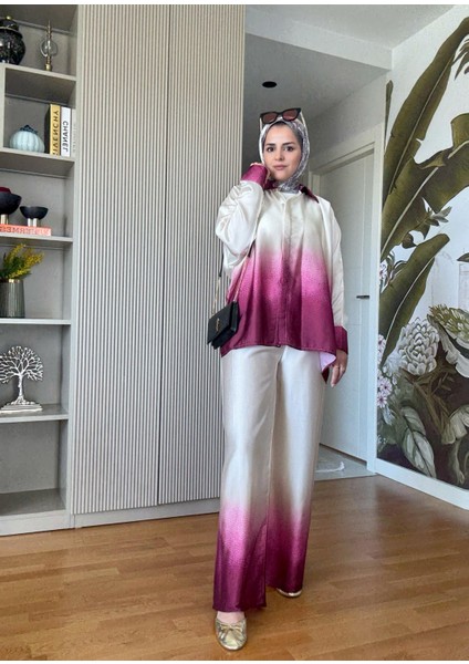 Saten Gömlek Renk Geçişli Ikili Takım Pembe