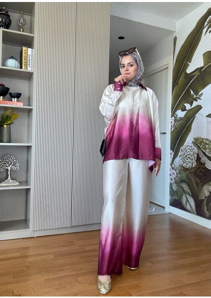Saten Gömlek Renk Geçişli Ikili Takım Pembe