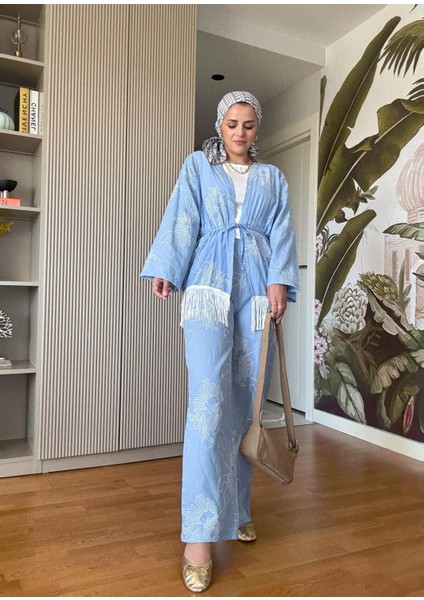 3'lü Püsküllü Kimona Takım Tunik+Içlik+Pantolon Mavi