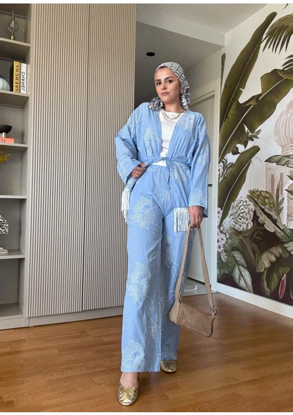 3'lü Püsküllü Kimona Takım Tunik+Içlik+Pantolon Mavi fiyatları