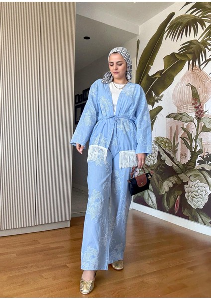 3'lü Püsküllü Kimona Takım Tunik+Içlik+Pantolon Mavi modelleri