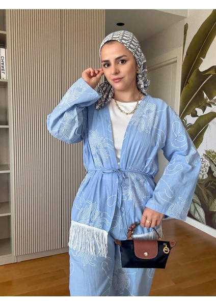 3'lü Püsküllü Kimona Takım Tunik+Içlik+Pantolon Mavi fırsatları