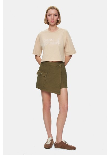 Lında Haki Yıkamalı Denim Şort Etek Standard Fit Kadın Şort