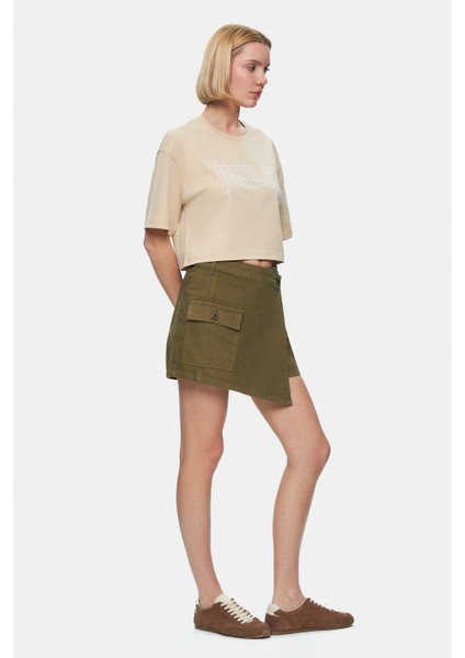 Lında Haki Yıkamalı Denim Şort Etek Standard Fit Kadın Şort indirimleri