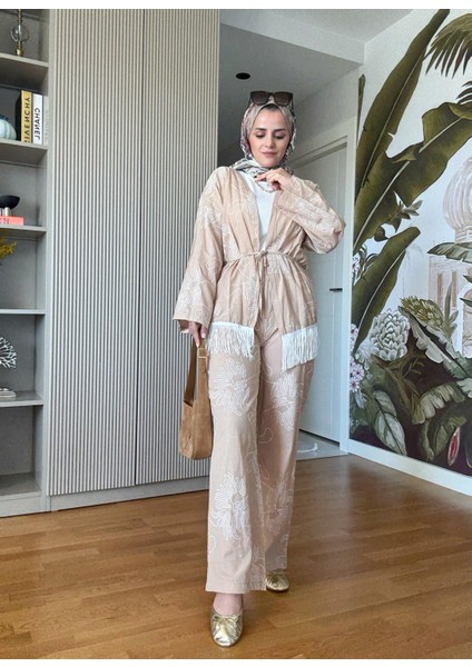 3'lü Püsküllü Kimona Takım Tunik+Içlik+Pantolon Bej fiyatları
