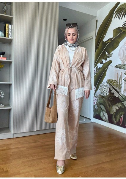 3'lü Püsküllü Kimona Takım Tunik+Içlik+Pantolon Bej indirimleri