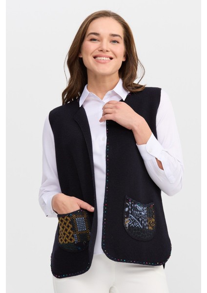 Kadın Sıfır Yaka Su Taşı Boncuk Işlemeli Kısa Yelek K.lacivert