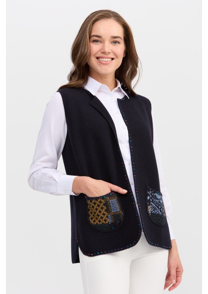 Kadın Sıfır Yaka Su Taşı Boncuk Işlemeli Kısa Yelek K.lacivert modelleri