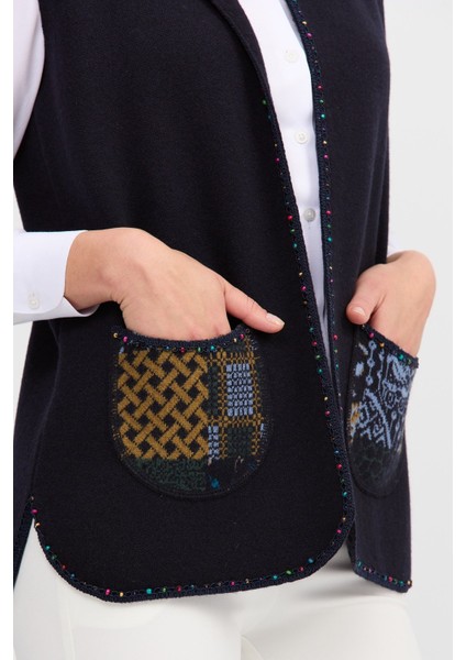 Kadın Sıfır Yaka Su Taşı Boncuk Işlemeli Kısa Yelek K.lacivert indirimleri