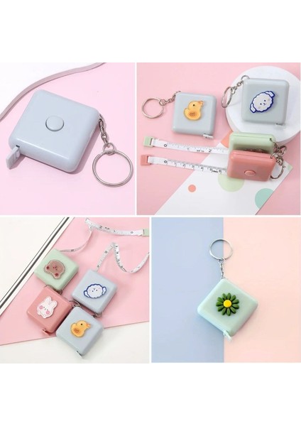 Sevimli Figürlü Stickerlı Anahtarlıklı Mezura – 150 cm Uzunluğunda Soft Renkli, Kompakt ve Otomatik Geri Sarma Özellikli