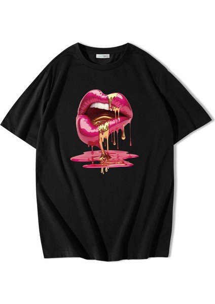 Unisex Oversize Casu Lip Dudak Baskılı T-Shirt Siyah