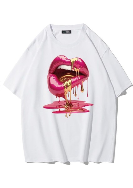 Unisex Oversize Casu Lip Dudak Baskılı T-Shirt Beyaz