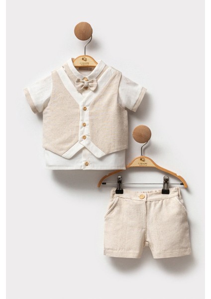 Keten Papyonlu Yelekli Gömlek Beli Lastikli Şort Özel Gün Doğum Günü Düğün 3 Parça Erkek Bebek Takım