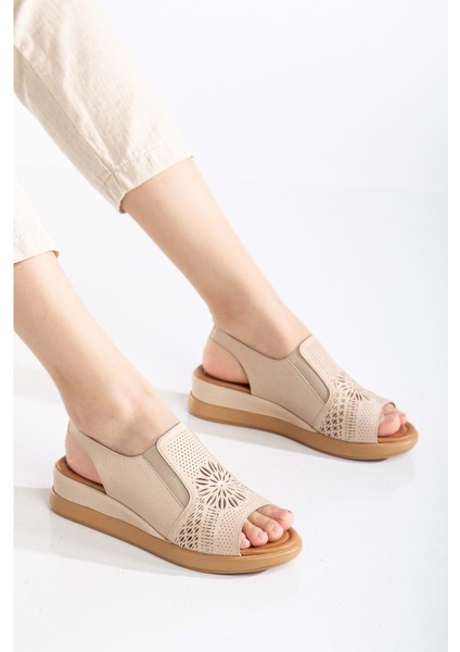 Kadın Deri Lastikli Sandalet - Beyaz