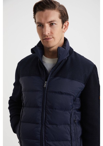 Kaz Tüyü Dolgulu Örgü Kol Lacivert Mont