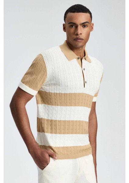 Kum Rengi Çizgili Düğmeli Yaka Merserize Pamuk Triko Polo