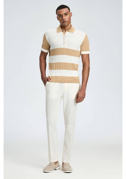 Kum Rengi Çizgili Düğmeli Yaka Merserize Pamuk Triko Polo fiyatları